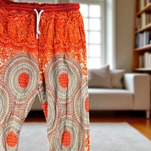 Orange Mandala Harem Pants Women 28x26 Boho Hippie Lounge‎ Pajama Geometric